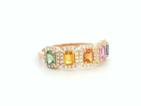18K rose gold ring with emerald-cut multi-color sapphires and diamond halos