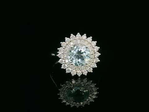 18K white gold ring with 1.52 carat round aquamarine and double diamond halo in floral vintage design