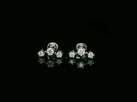 18K gold three-stone diamond stud earrings with graduated round diamonds in a linear design
