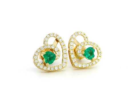 18K gold heart-shaped emerald and diamond earrings featuring 0.55 carats of emeralds and 0.52 carats of diamonds – romantic and elegant birthstone jewelry.