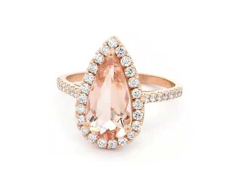 1.91 ct pear-cut morganite and diamond halo ring in 18K rose gold with pave-set diamond band – Emirates Diamonds