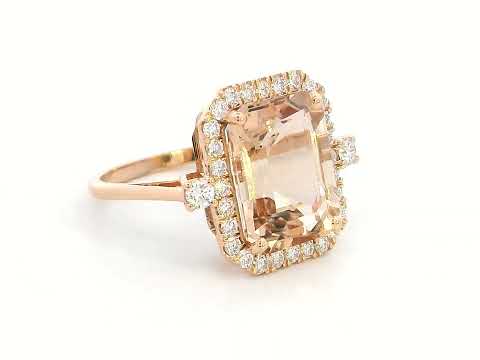Emerald-cut morganite halo ring with round diamonds in 18K rose gold