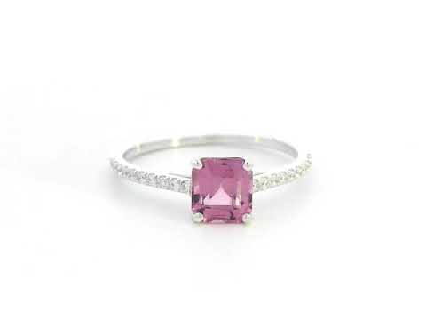 Radiant-cut rhodolite ring in 18K white gold with diamond pavé band – 1.09ct center, 0.15ct diamonds
