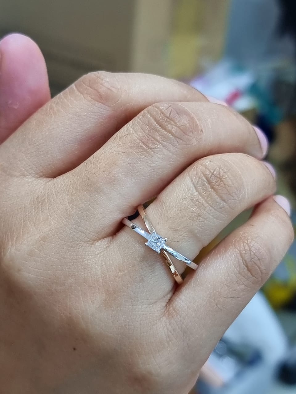 Princess Cut Diamond, Criss-Cross, Cross Over Ring In 18k White And Rose Gold.