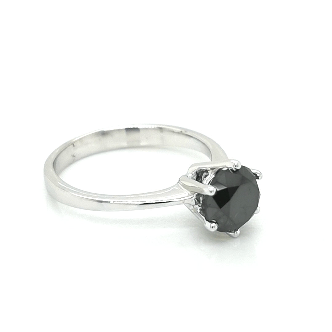 Solitaire Black Diamond Ring In 18k White Gold.