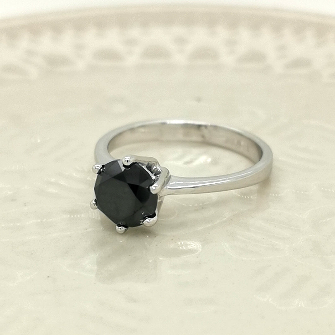 Solitaire Black Diamond Ring In 18k White Gold.