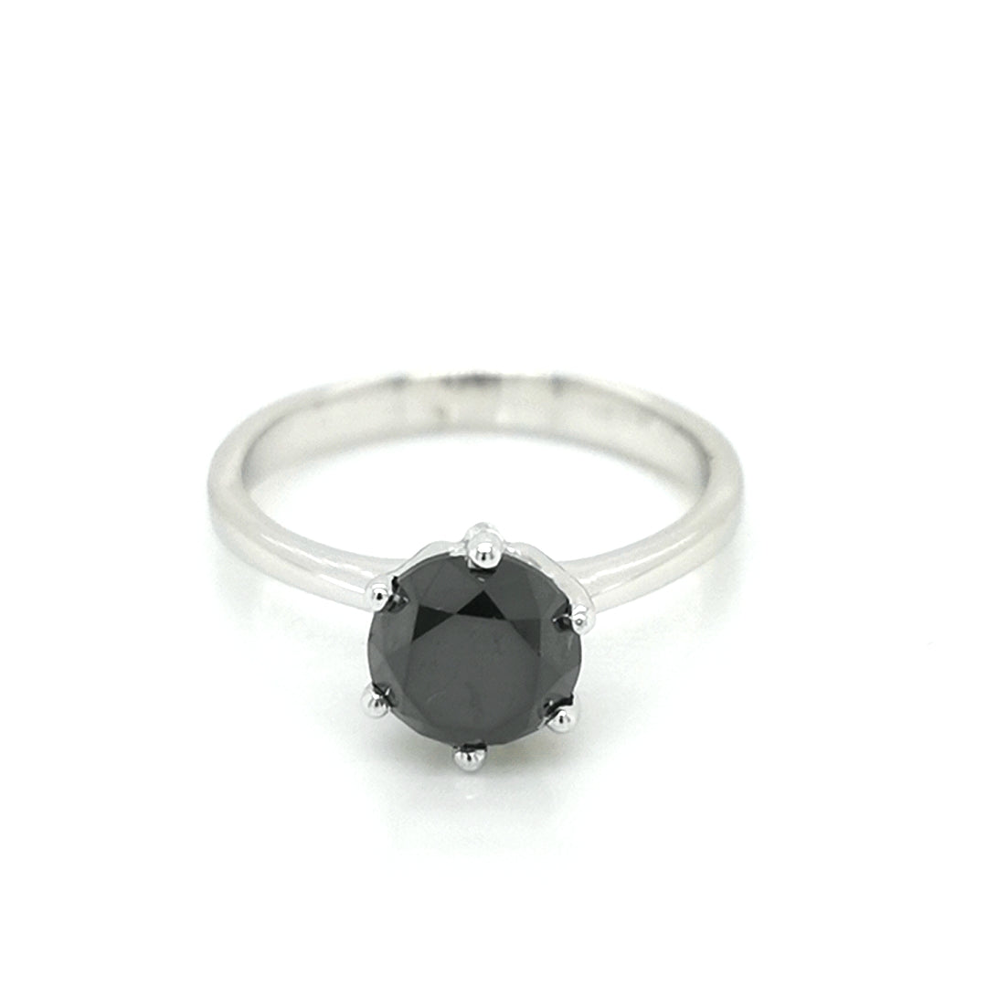 Solitaire Black Diamond Ring In 18k White Gold.