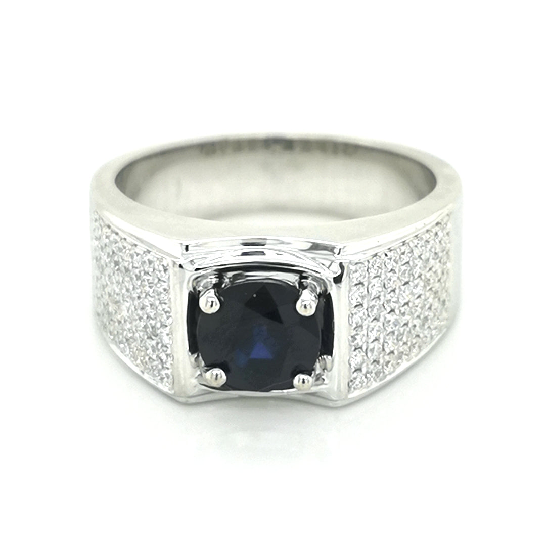 Sapphire And Diamond Men's Ring In 18k white Gold.