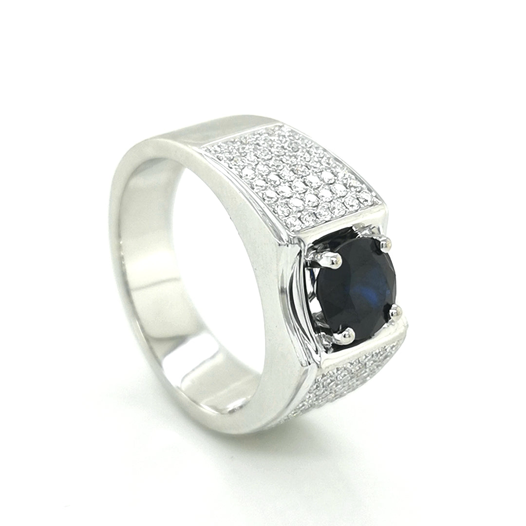 Sapphire And Diamond Men's Ring In 18k white Gold.