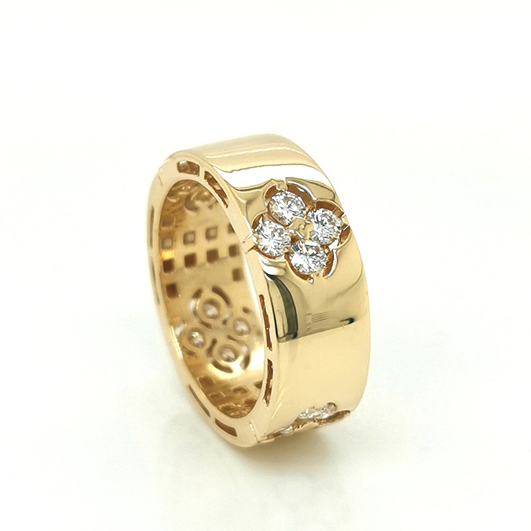 Flat, Pipe Cut Band Diamond Ring With A Floral Cluster In 18k Yellow Gold.
