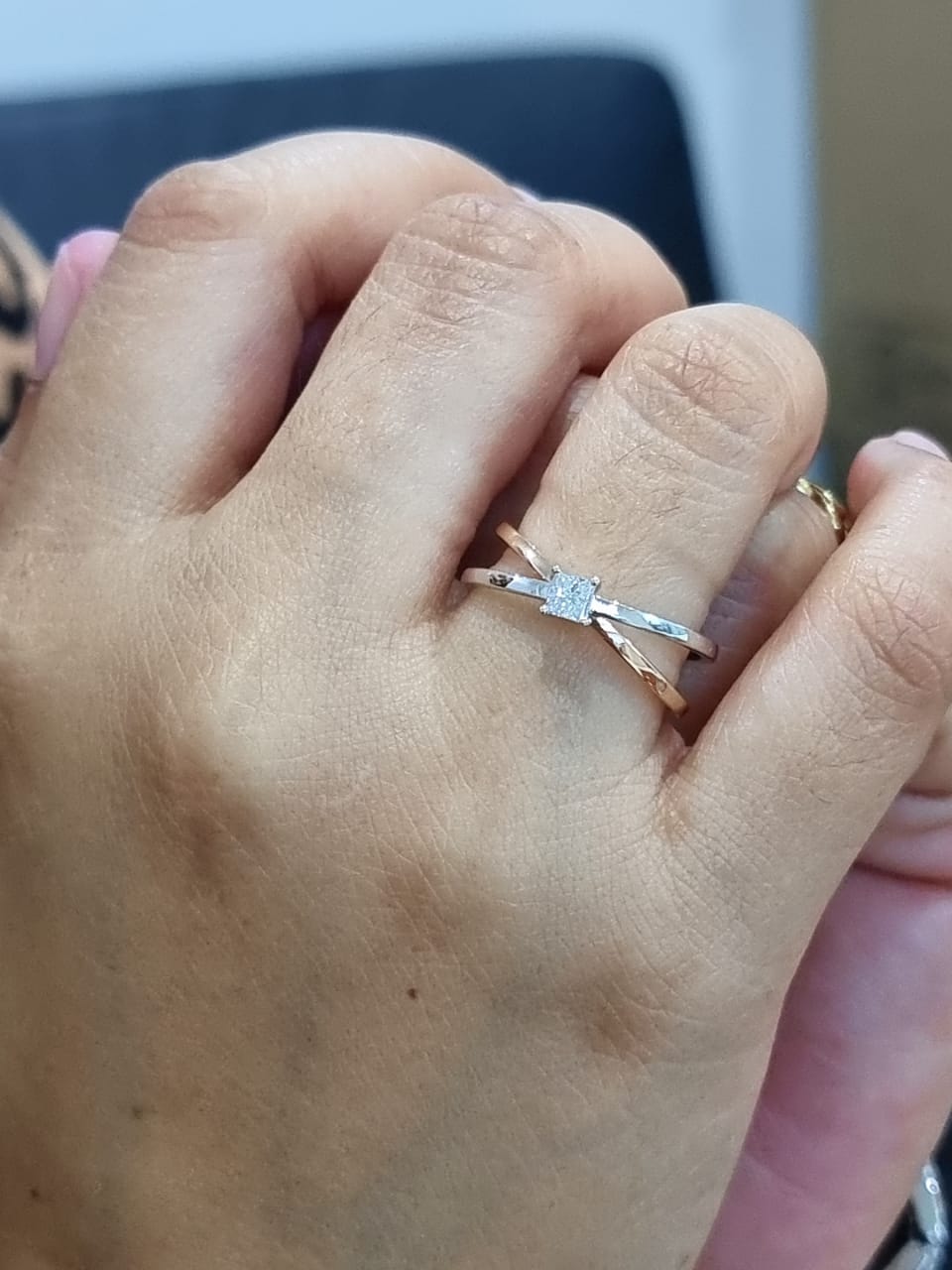 Princess Cut Diamond, Criss-Cross, Cross Over Ring In 18k White And Rose Gold.