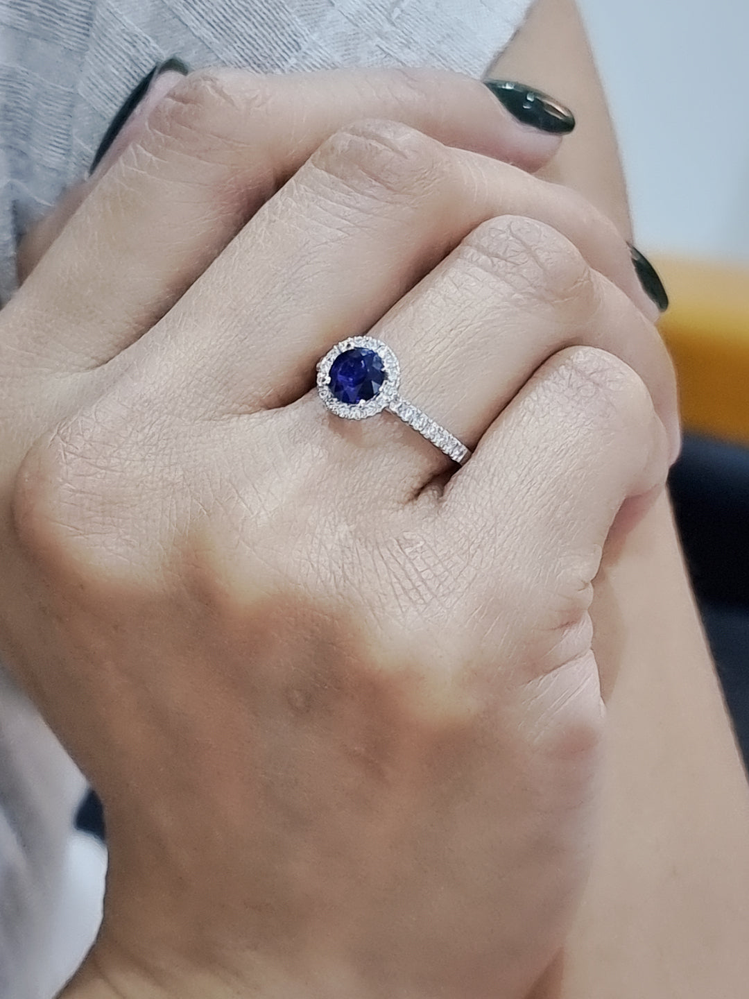 Round Cut Sapphire and Diamond Halo Ring in 18K White Gold | 0.94 Carat Sapphire & 0.24 Carats Diamonds