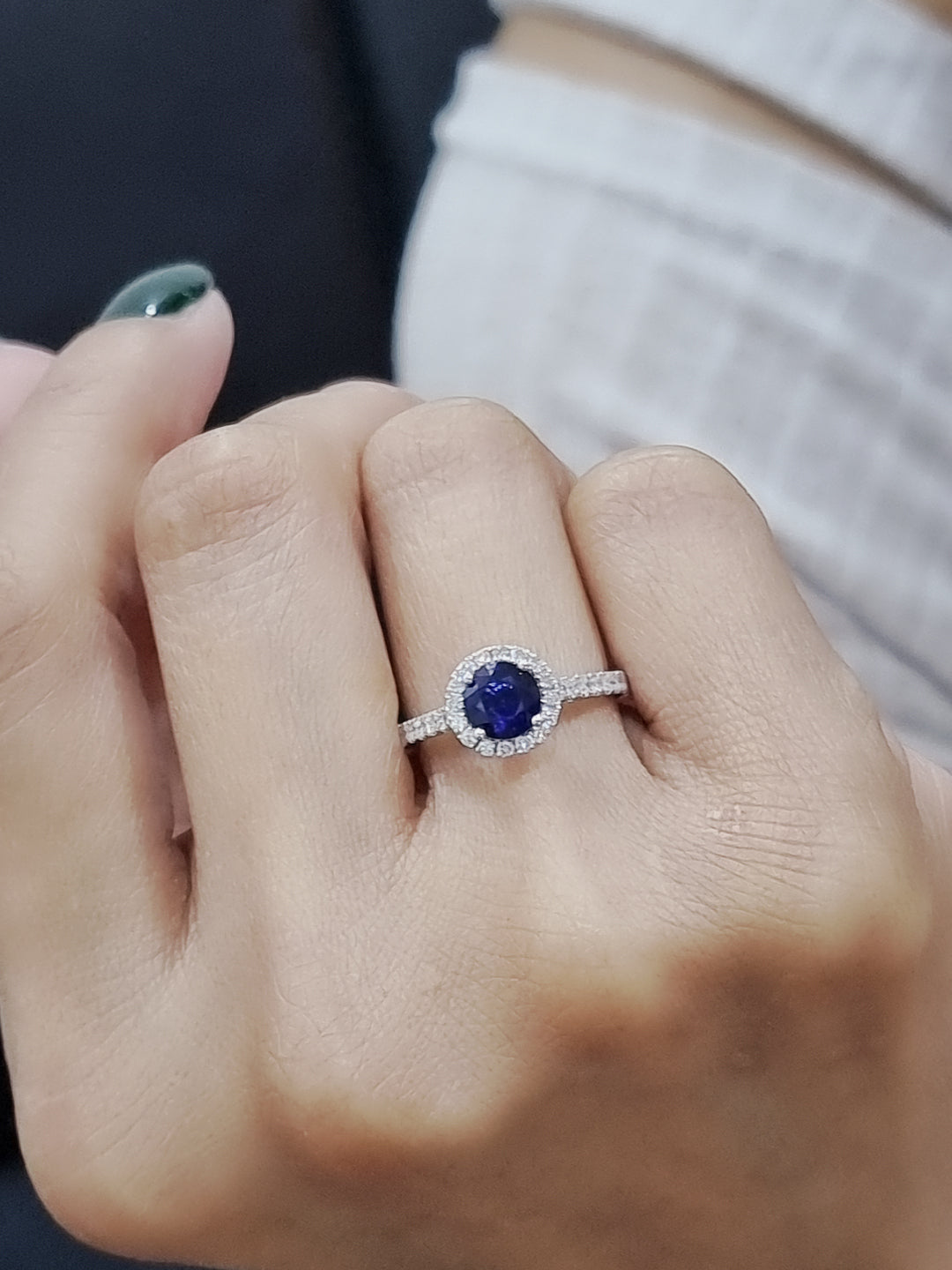 Round Cut Sapphire and Diamond Halo Ring in 18K White Gold | 0.94 Carat Sapphire & 0.24 Carats Diamonds