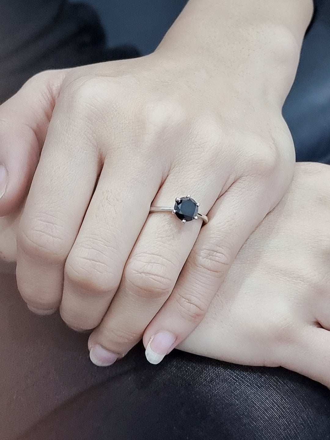 Solitaire Black Diamond Ring In 18k White Gold.