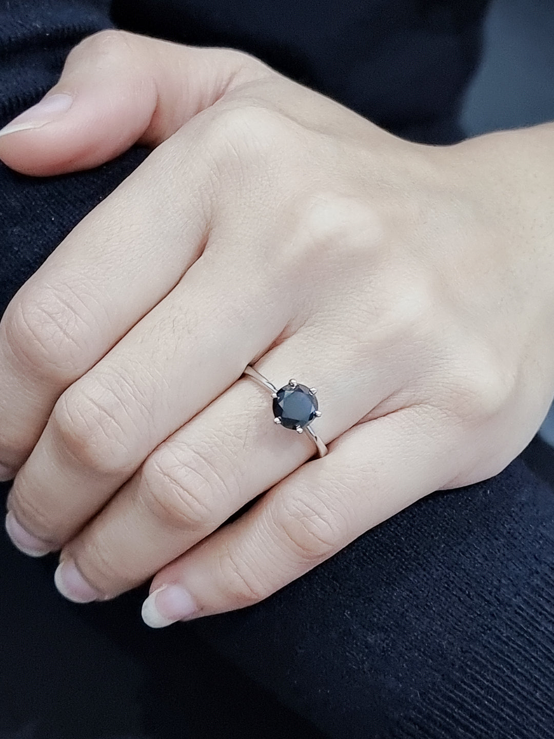 Solitaire Black Diamond Ring In 18k White Gold.