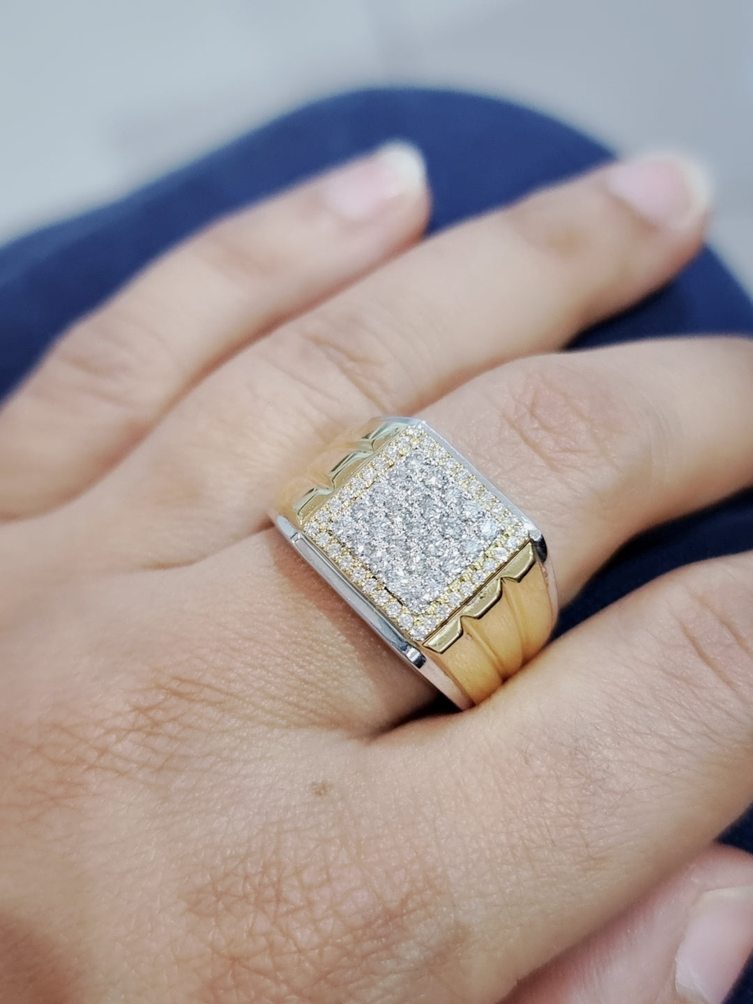 Men's Two Tone Cluster Diamond Ring In 18k Gold.