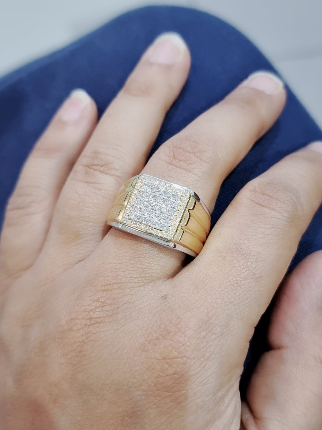 Men's Two Tone Cluster Diamond Ring In 18k Gold.