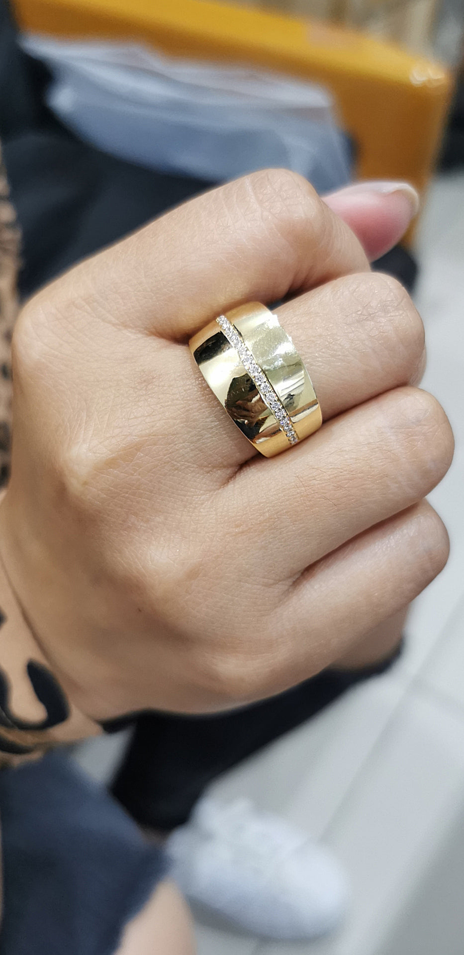 Cigar Wide Band Diamond Ring In 18k Yellow Gold.