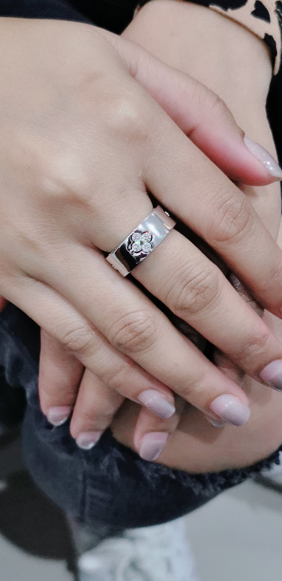 Flat, Pipe Cut Band Diamond Ring With A Floral Cluster In 18k White Gold.