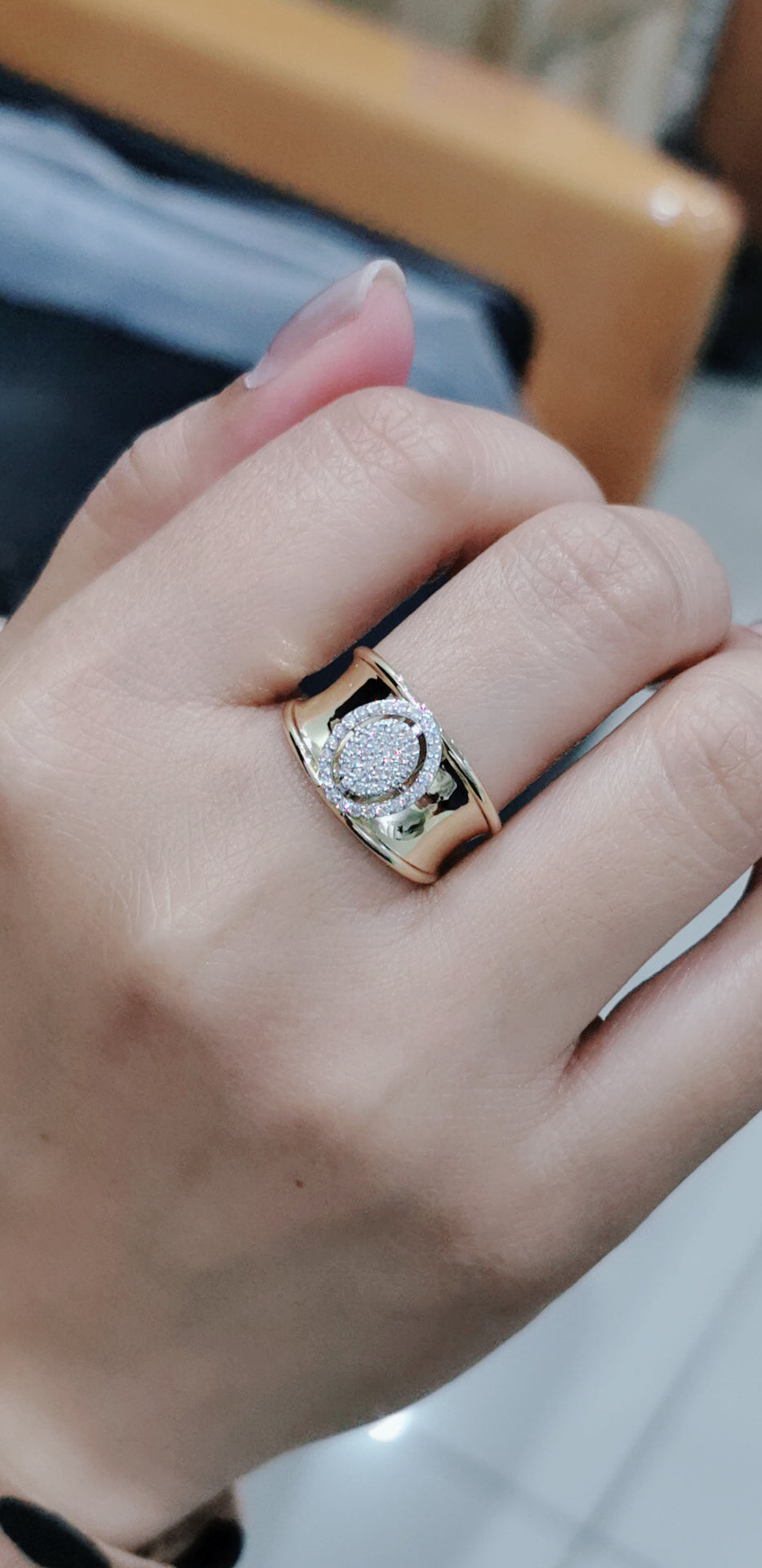 Cigar, Wide Band Diamond Cluster Ring In 18k Yellow Gold.