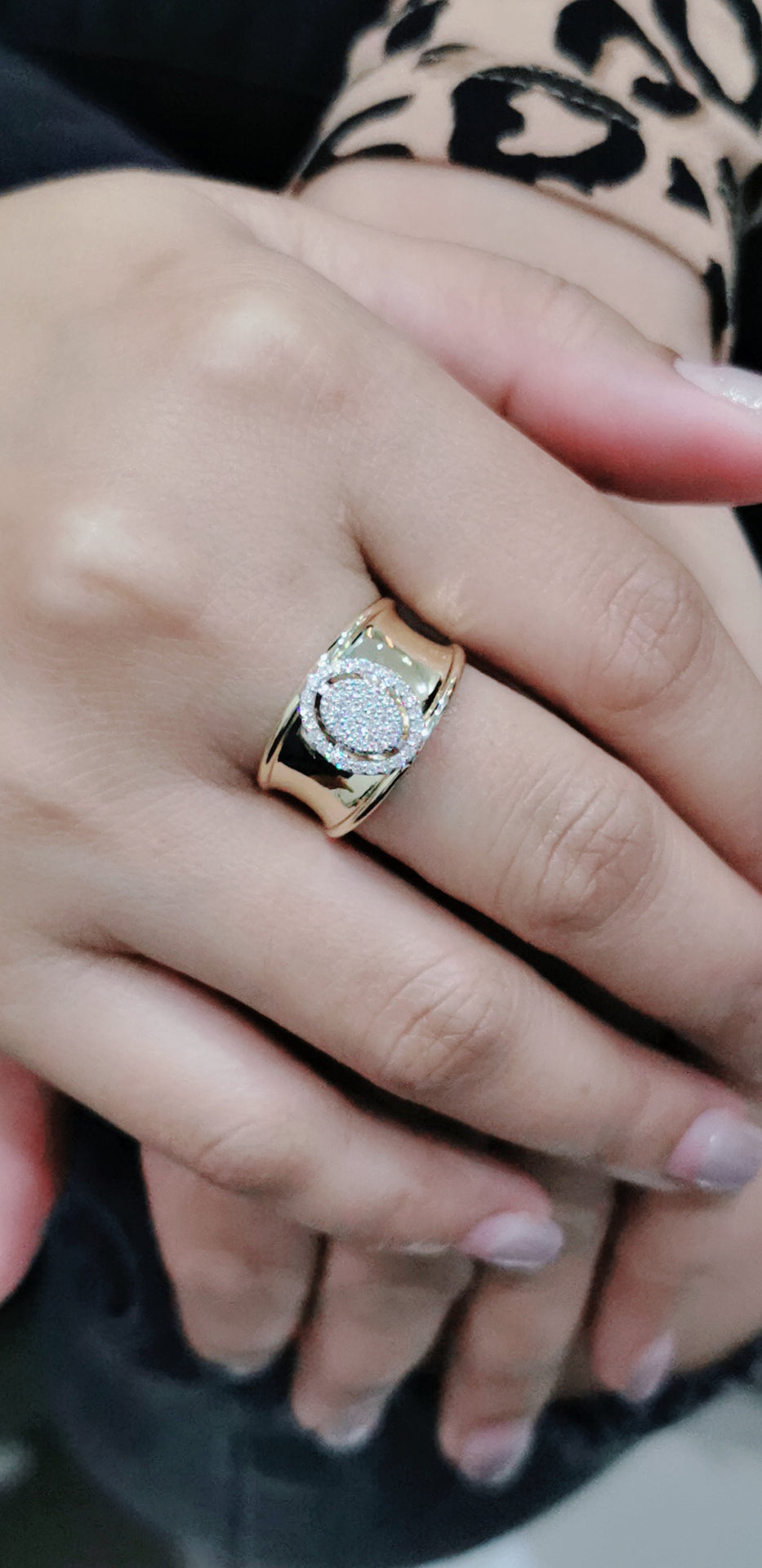Cigar, Wide Band Diamond Cluster Ring In 18k Yellow Gold.