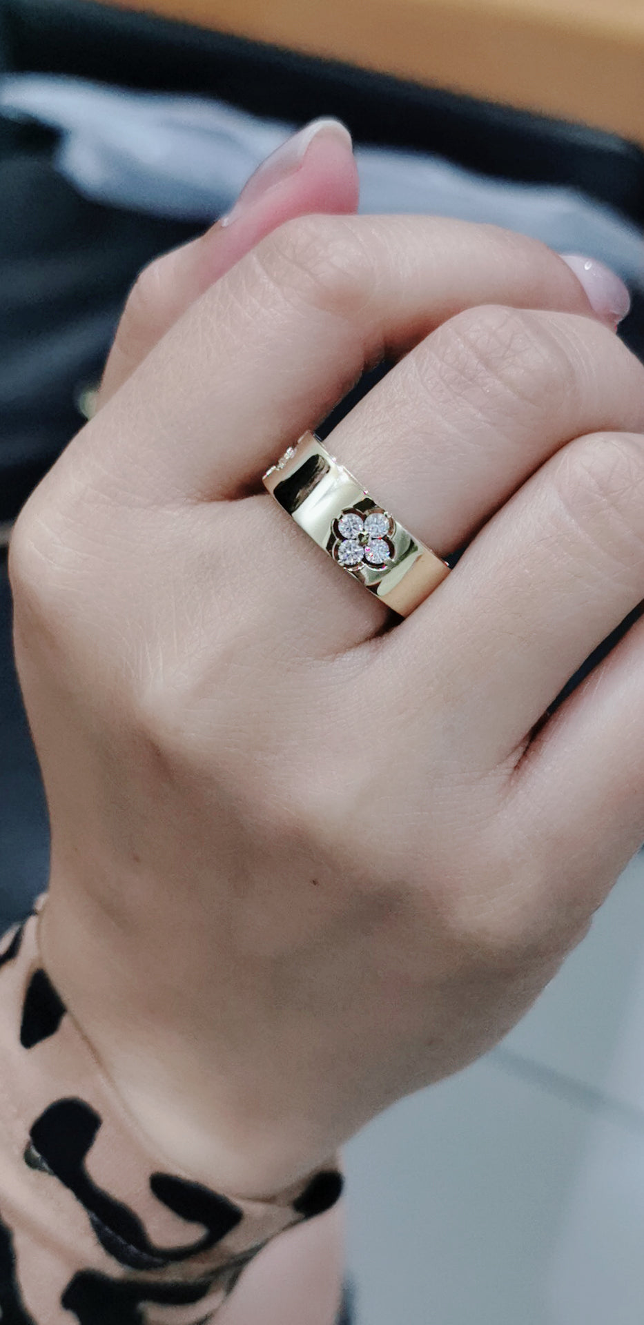 Flat, Pipe Cut Band Diamond Ring With A Floral Cluster In 18k Yellow Gold.