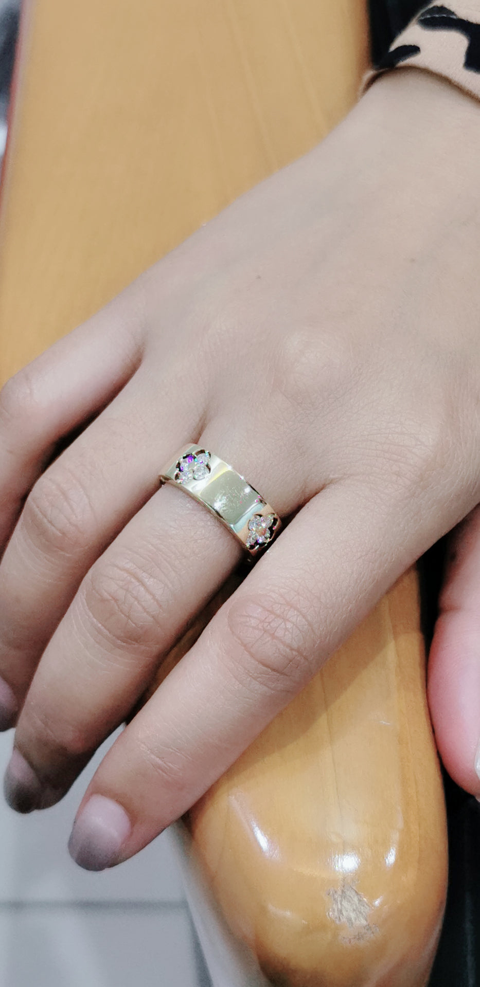 Flat, Pipe Cut Band Diamond Ring With A Floral Cluster In 18k Yellow Gold.