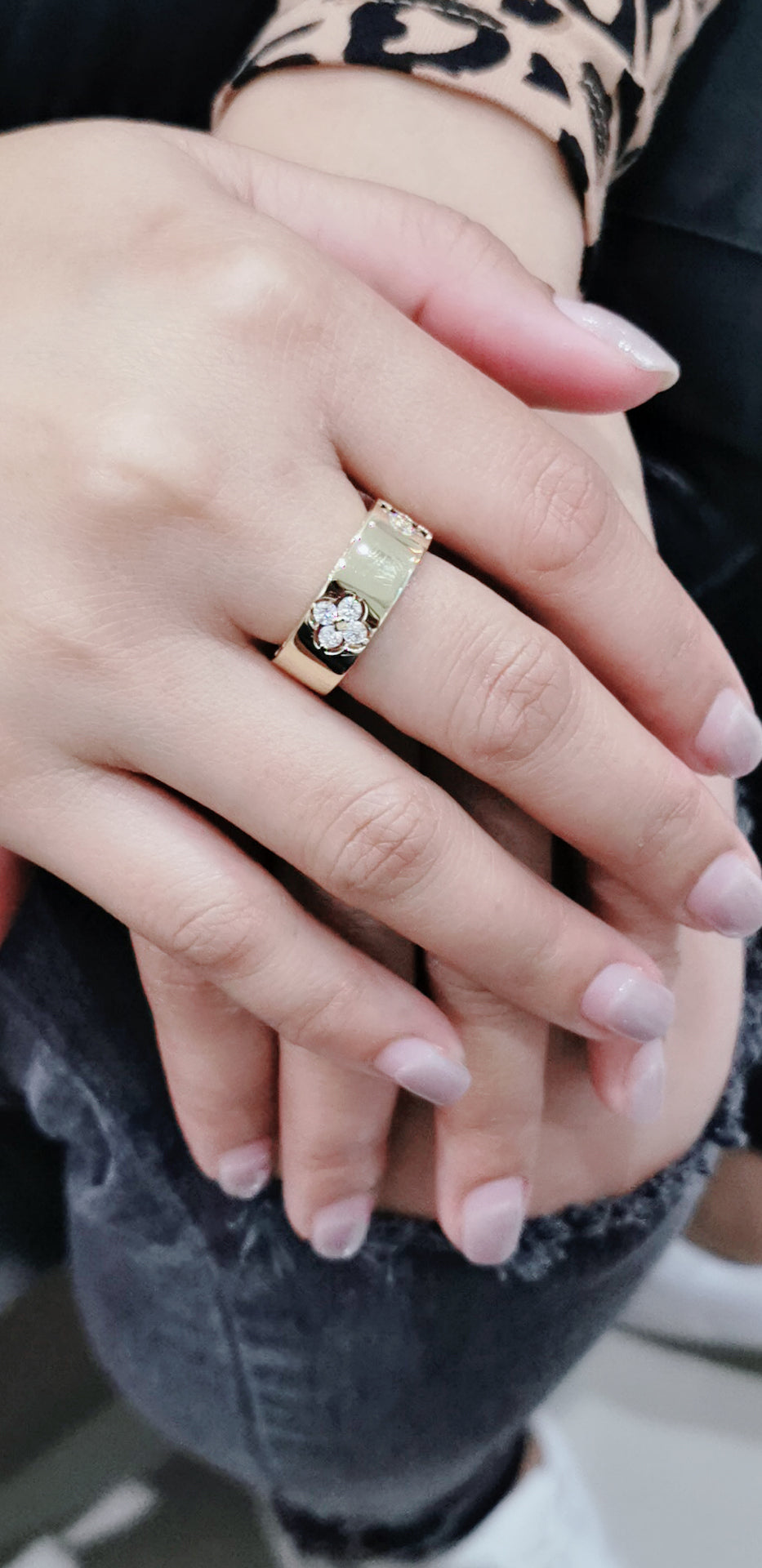 Flat, Pipe Cut Band Diamond Ring With A Floral Cluster In 18k Yellow Gold.