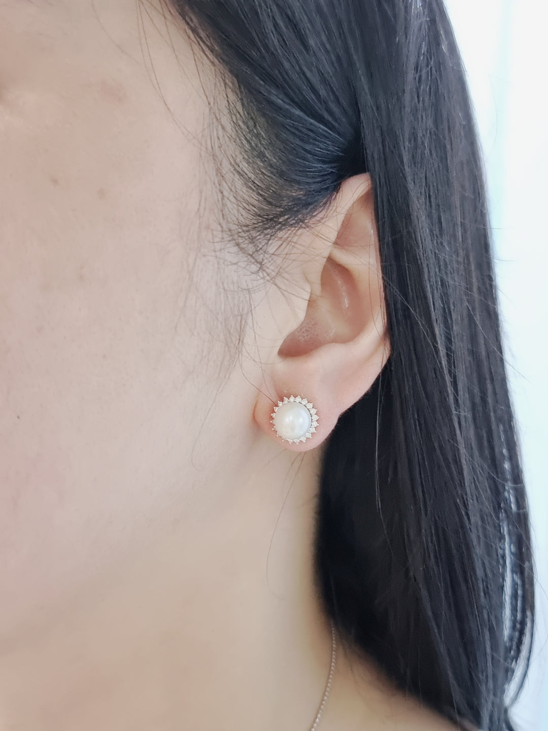 Pearl With Diamond Halo Stud Earrings In 18k Yellow Gold.