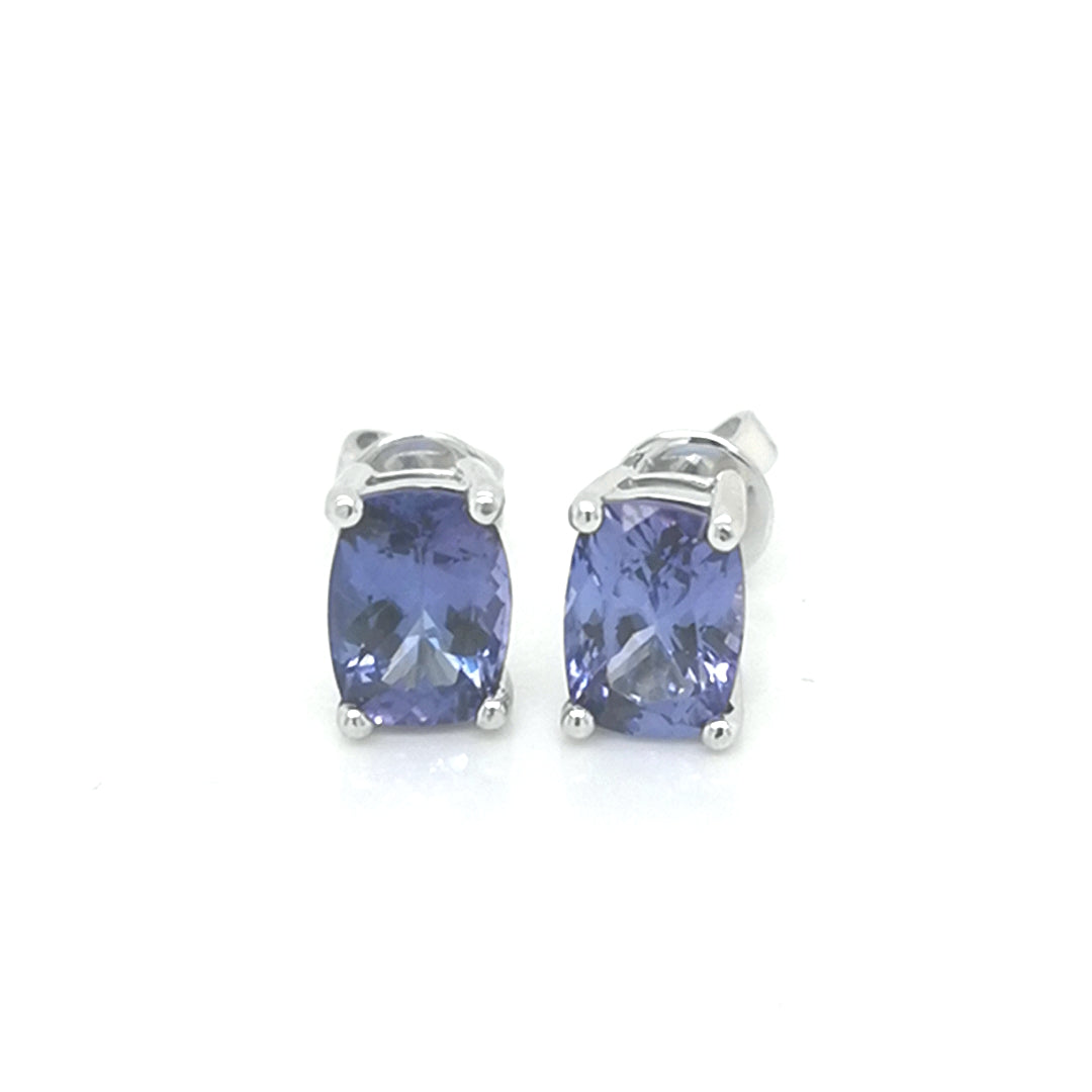Cushion Cut Tanzanite Stud Earrings In 18k White Gold.