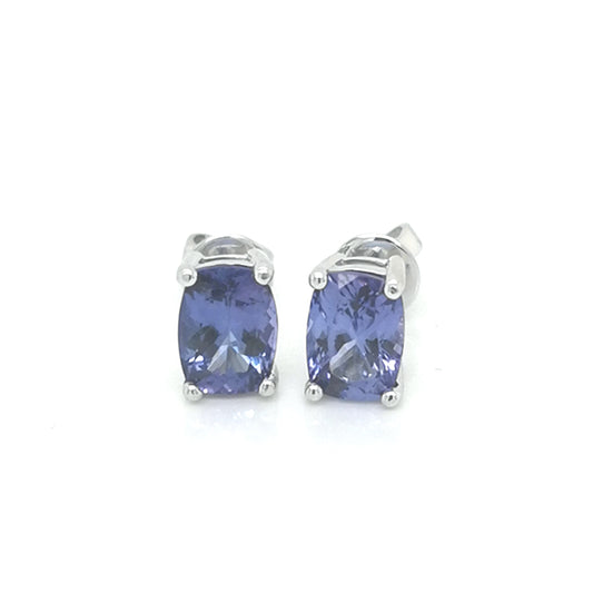 Cushion Cut Tanzanite Stud Earrings In 18k White Gold.