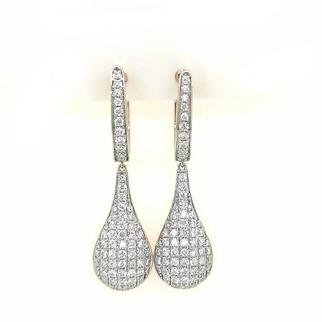 Tear Drop Diamond Huggie Earrings In 18k Rose Gold.