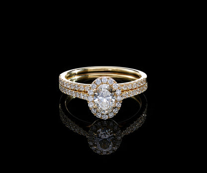 Oval Diamond Halo Bridal Set in 18K Yellow Gold | GIA Certified