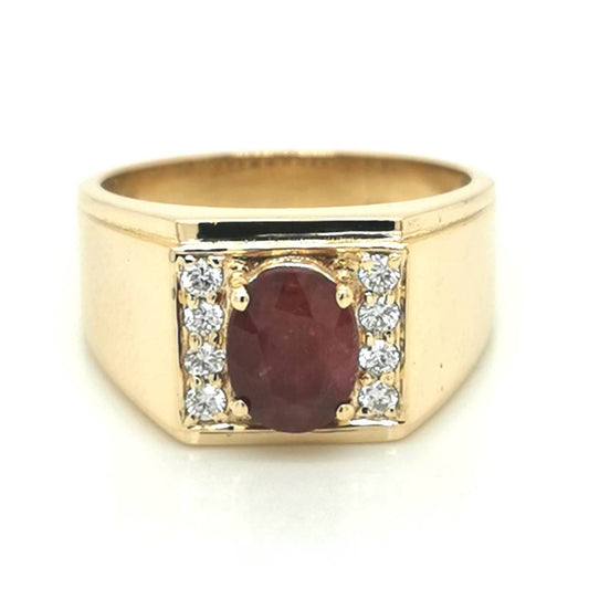 Ruby And Diamond Ring For Men In 18k Yellow Gold.