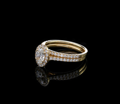 Oval Diamond Halo Bridal Set in 18K Yellow Gold | GIA Certified