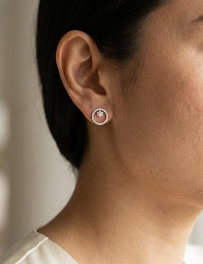 Diamond Open Circle Earrings. Floral Studs In 18K White Gold