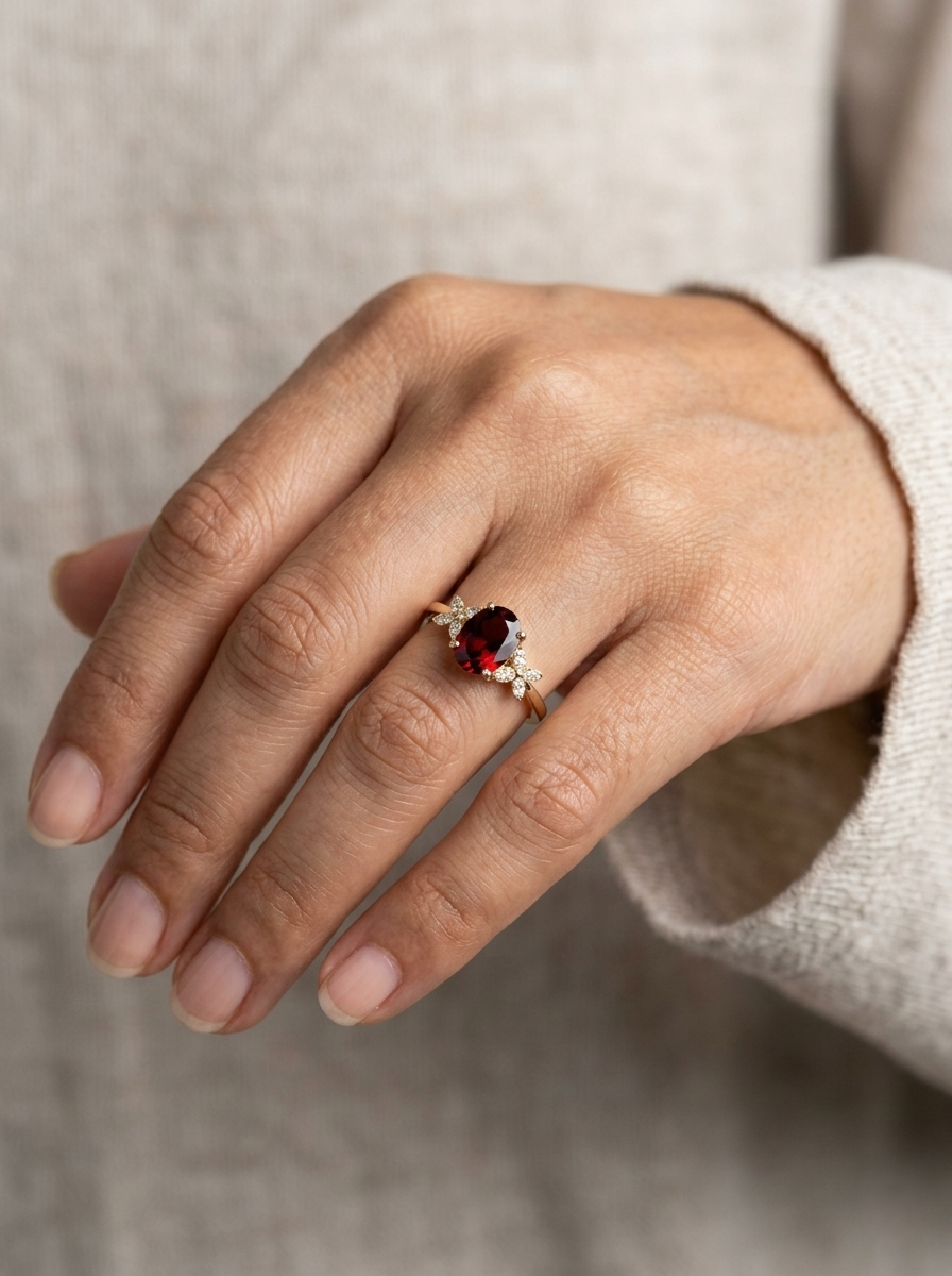 18K Yellow Gold Garnet & Diamond Floral Ring.