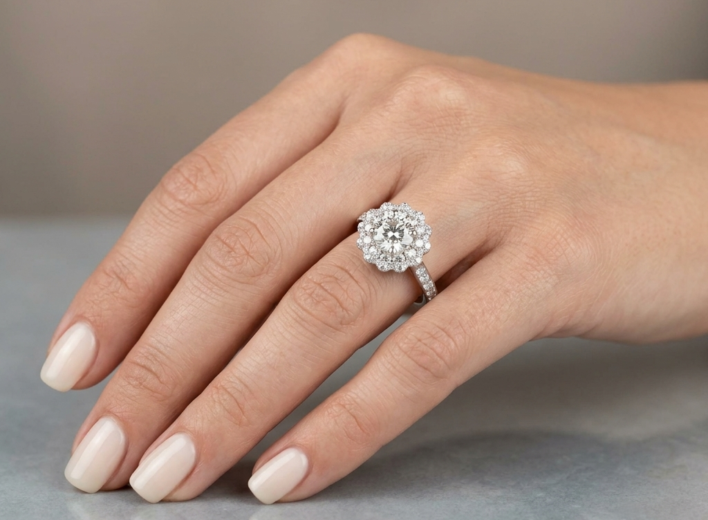 18K white gold diamond halo engagement ring featuring a 1 Carat round brilliant centre diamond with 0.79 Carat natural diamond halo and shoulders.