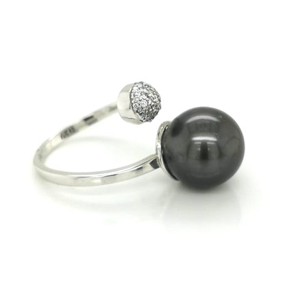Tahiti Black Pearl And Diamond Cuff Ring In 18k White Gold.