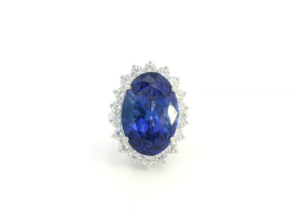 18K white gold oval tanzanite statement ring with diamond halo and 16.11 carat tanzanite by Emirates Diamonds