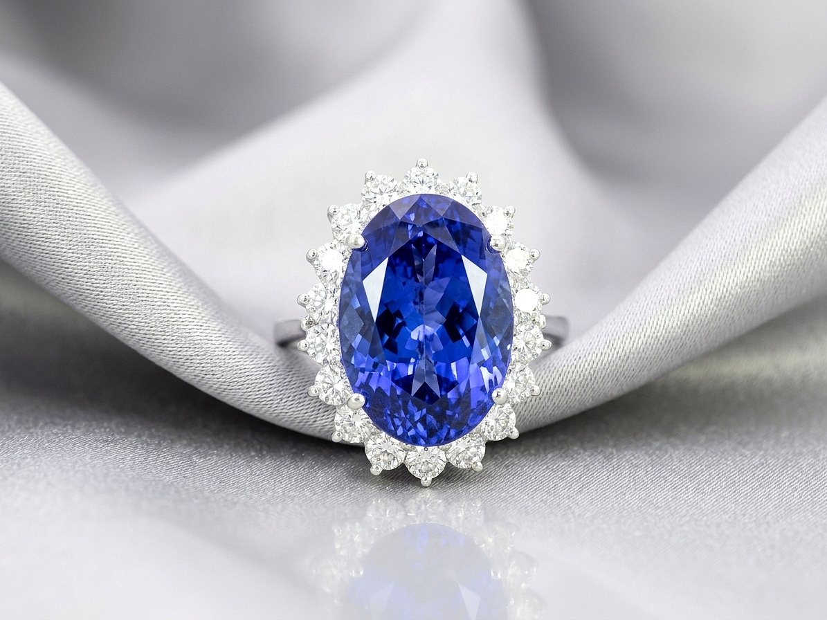 Oval Tanzanite & Diamond Statement Ring in 18K White Gold