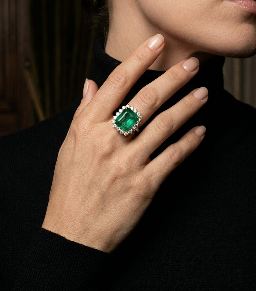 Emerald & Diamond Halo Statement Ring in 18K Yellow Gold