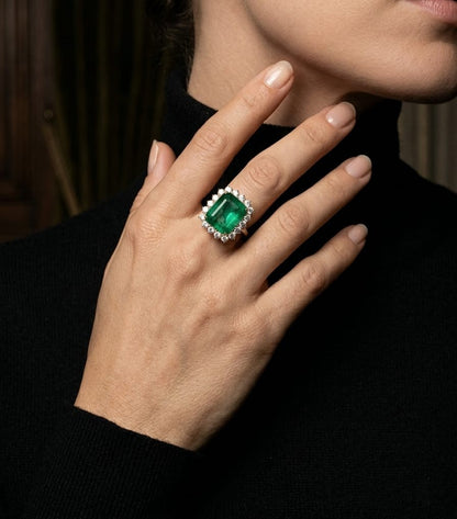 Emerald & Diamond Halo Statement Ring in 18K Yellow Gold
