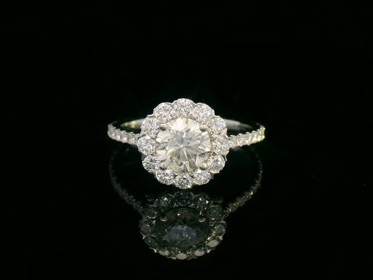 18K gold floral halo diamond ring with 1.00 carat center and 0.89 carat accent diamonds, vintage-inspired engagement design

