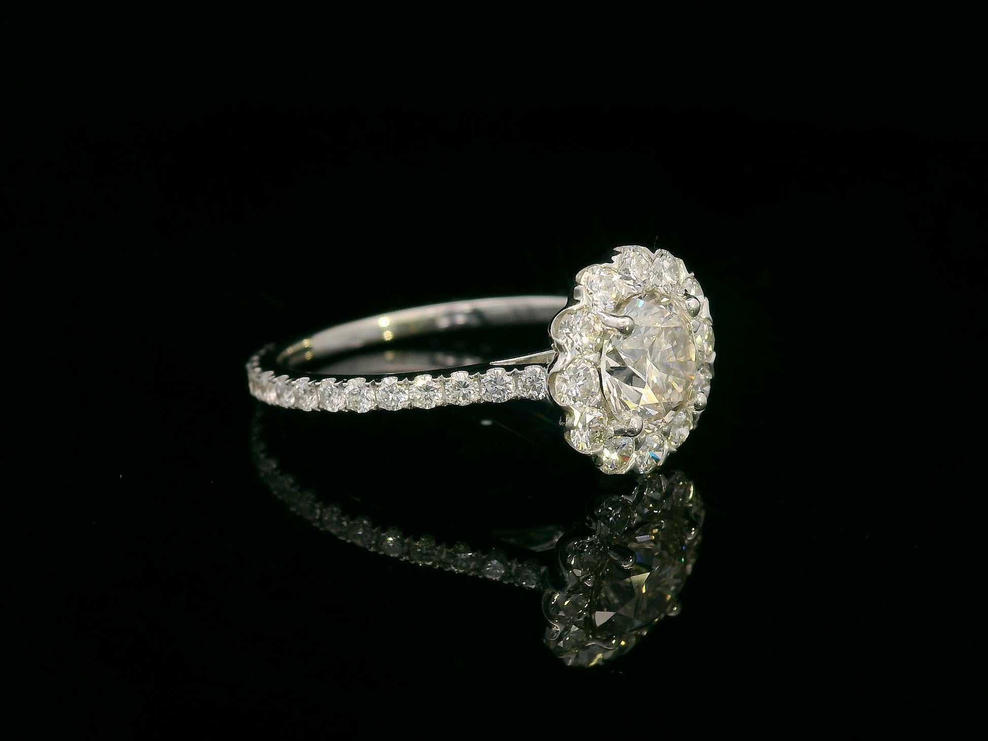18K gold floral halo diamond ring with 1.00 carat center and 0.89 carat accent diamonds, vintage-inspired engagement design

