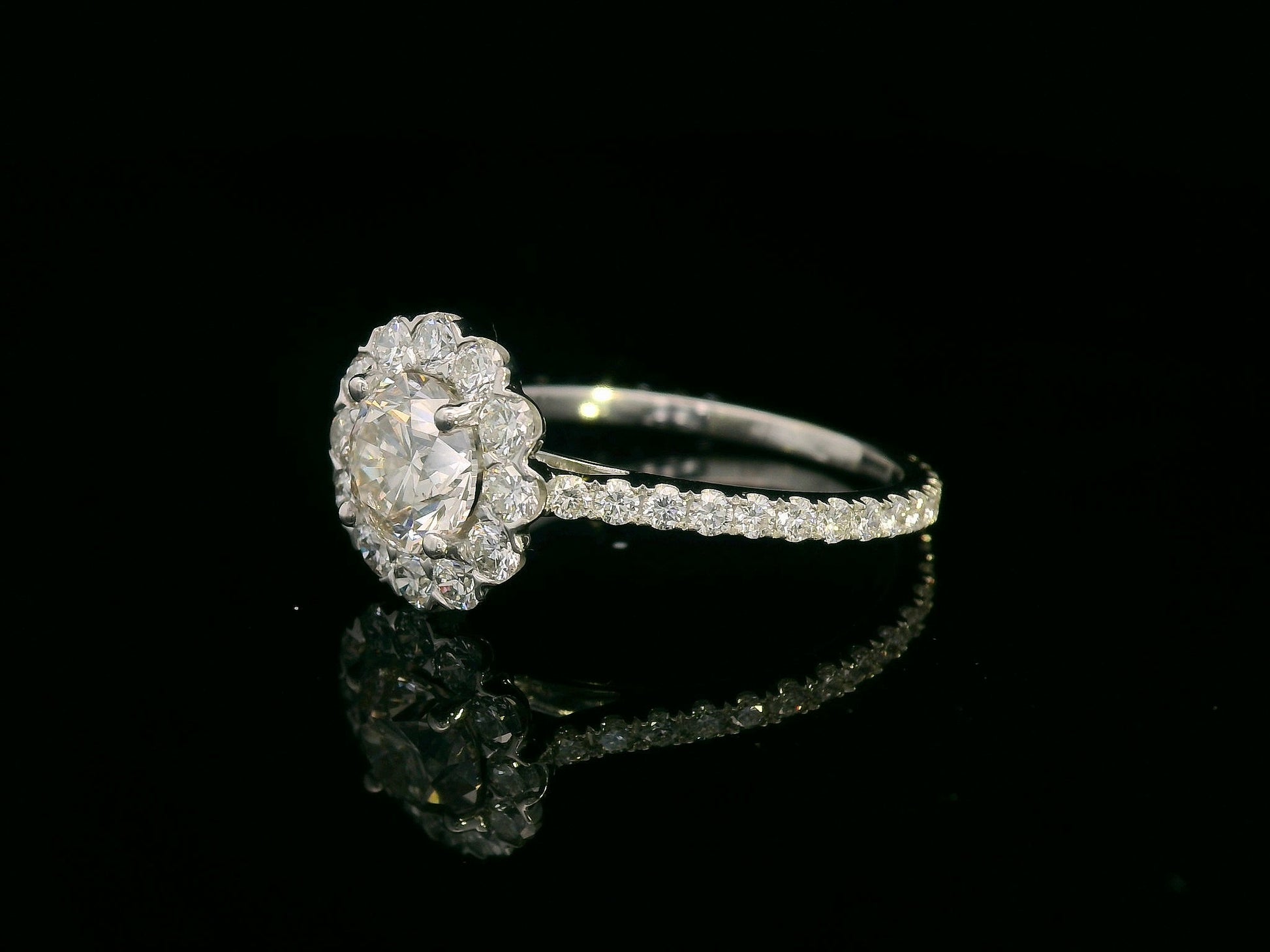 18K gold floral halo diamond ring with 1.00 carat center and 0.89 carat accent diamonds, vintage-inspired engagement design

