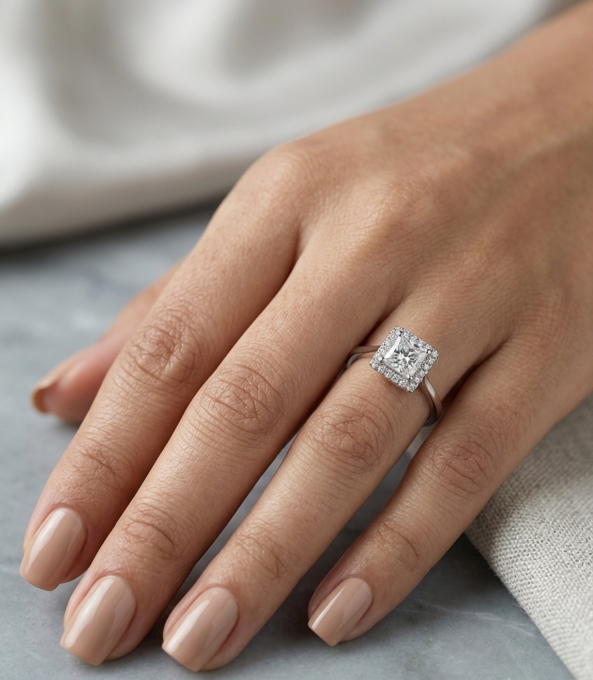 18K white gold princess cut diamond halo engagement ring featuring a 0.71 carat IGI certified E VS2 diamond with a sparkling natural diamond halo.