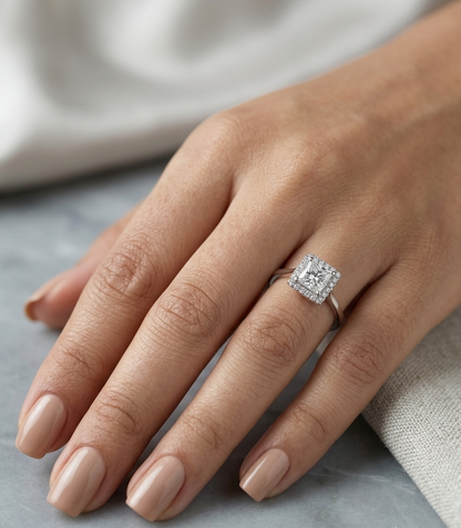 18K white gold princess cut diamond halo engagement ring featuring a 0.71 carat IGI certified E VS2 diamond with a sparkling natural diamond halo.