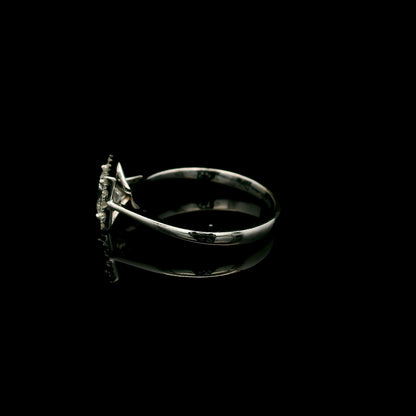 18K white gold princess cut diamond halo engagement ring featuring a 0.71 carat IGI certified E VS2 diamond with a sparkling natural diamond halo.