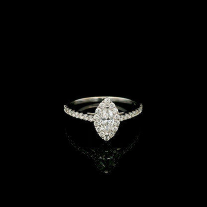 18K white gold marquise diamond halo engagement ring with diamond band featuring a 0.29 carat natural marquise cut centre diamond.